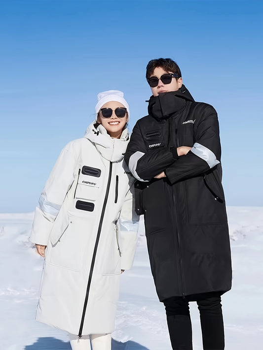 Unisex Casual Oxford Fabric Hooded Down Coat with Pockets, Long Over-the-Knee Style, Solid Color with Non-Stretch Fabric, Polyester Lining, Regular Fit Duck Down Insulation - Fashionable Longline Winter Parka