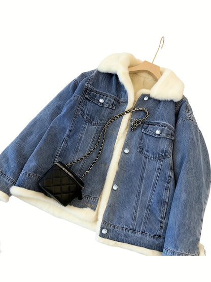 2025 Autumn And Winter Women'S Jacket Retro Plush Denim Jacket Casual Loose Thickened Casual Parka