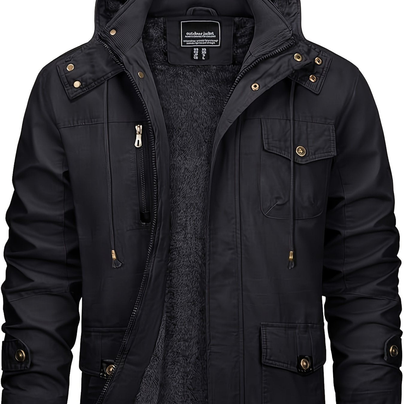 Men's Winter Windproof Full-Zip Jacket with & Detachable Hood - Heavy-Duty Multi-Pocket Parka Coat Suitable for Outdoor,, - Machine Washable Warm Jacket