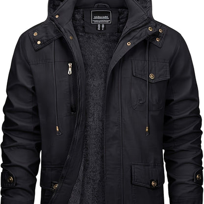 Men's Winter Windproof Full-Zip Jacket with & Detachable Hood - Heavy-Duty Multi-Pocket Parka Coat Suitable for Outdoor,, - Machine Washable Warm Jacket