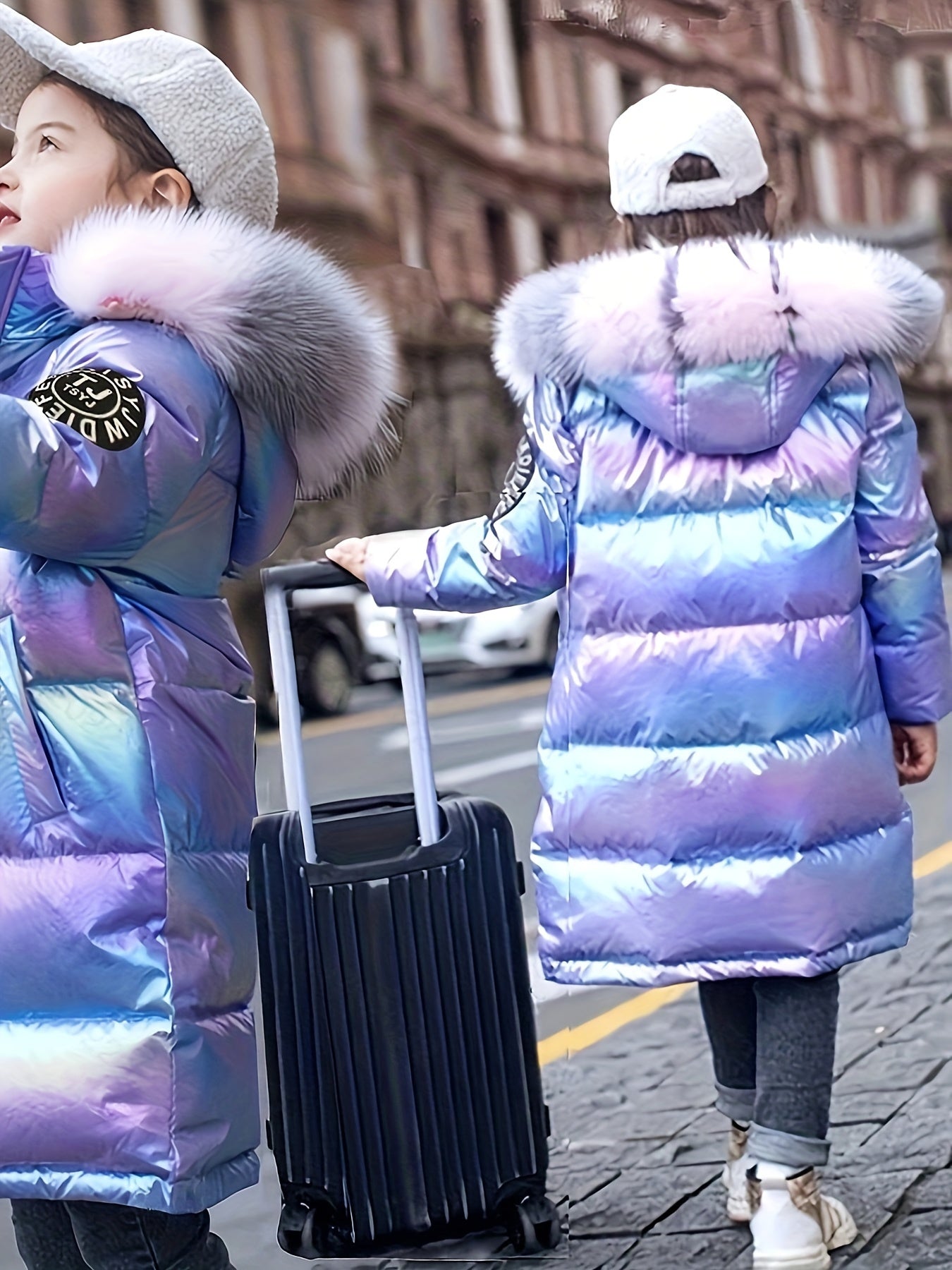 Youngsters' Cozy Pink & Purple Winter Jacket - Windproof, Warm with Detachable Faux Fur Hood, Zip-Up Long Parka for Boys & Girls - Perfect Winter Gift