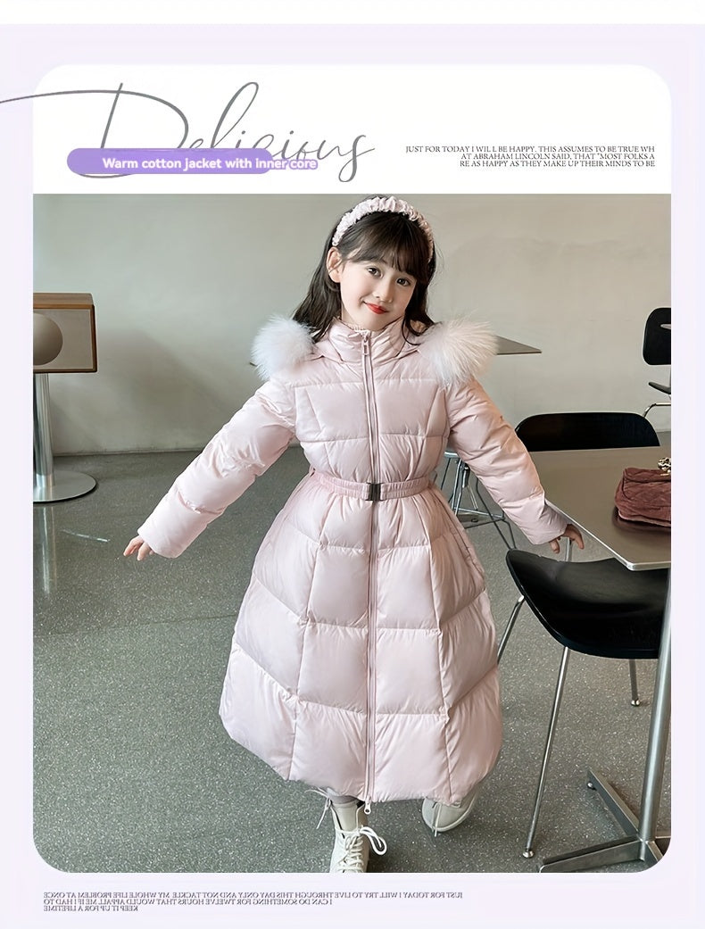Elegant Long-Length Hooded Parka for Girls, Winter Slim Fit Puffer Coat with Belt, 100% Polyester Composition, Non-Stretch Solid Color with Flared Hem, Regular Sleeve - Kid's Outerwear