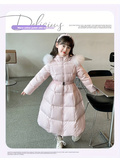 Elegant Long-Length Hooded Parka for Girls, Winter Slim Fit Puffer Coat with Belt, 100% Polyester Composition, Non-Stretch Solid Color with Flared Hem, Regular Sleeve - Kid's Outerwear