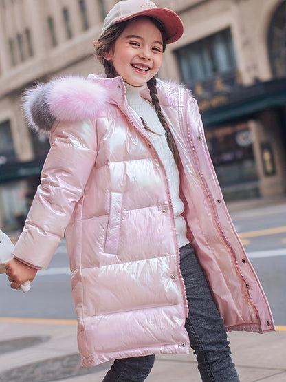 Youngsters' Cozy Pink & Purple Winter Jacket - Windproof, Warm with Detachable Faux Fur Hood, Zip-Up Long Parka for Boys & Girls - Perfect Winter Gift