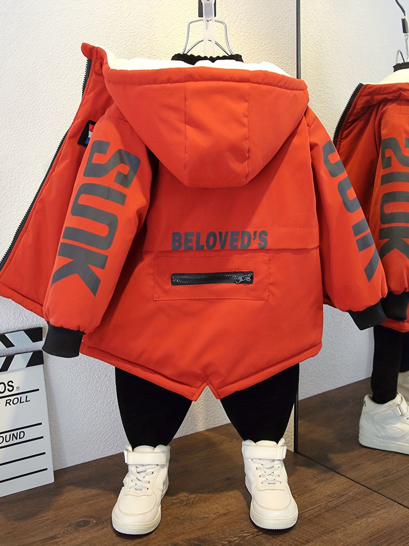 Boys' Cozy Fleece-Lined Hooded Parka Jacket - Warm Winter Outerwear with "Beloved's" Graphic, Orange Casual Style, Zip-Up Front, Long Sleeves, Loose Fit for Fall/Winter, Winter Jacket