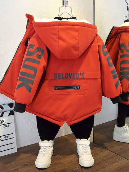 Boys' Cozy Fleece-Lined Hooded Parka Jacket - Warm Winter Outerwear with "Beloved's" Graphic, Orange Casual Style, Zip-Up Front, Long Sleeves, Loose Fit for Fall/Winter, Winter Jacket
