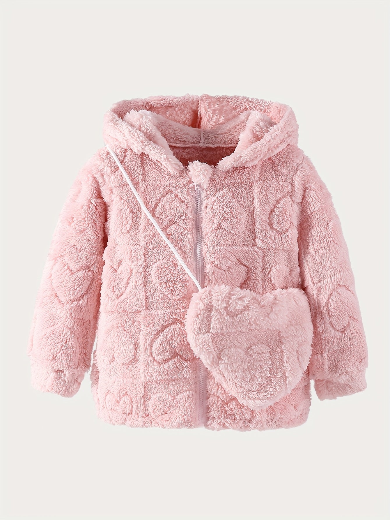 Girls' Pink Plush Hooded Jacket with Heart Appliqué & Plush - Winter Coat, Full-Zip Closure, Machine Washable H-Line Parka for & (No-Fill Warm Outerwear)