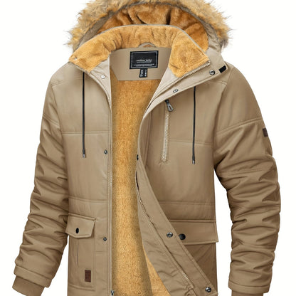 [S-2XL/4COLORS] Men'S Fleece Lined Parka Jacket Hooded Jacket Ribbed-knit Cuffs Warm Winter Coat Premium Level Shell Thicken Fur Jackets Windproof Coats Drawstring Convenient For Daily Life Or Outdoor Activities