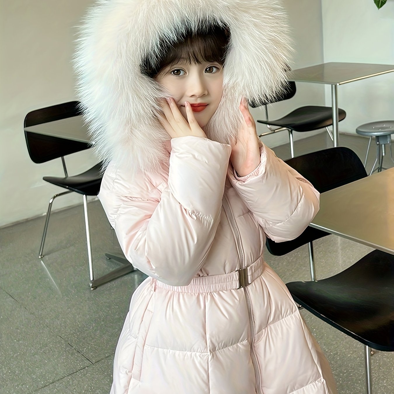 Elegant Long-Length Hooded Parka for Girls, Winter Slim Fit Puffer Coat with Belt, 100% Polyester Composition, Non-Stretch Solid Color with Flared Hem, Regular Sleeve - Kid's Outerwear