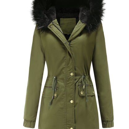 Cozy Fuzzy Trim Parka Hoodie Coat - Thermal Insulation, Long Sleeve, Drawstring Waist, Casual Chic, Fall & Winter Essential, Women's Clothing