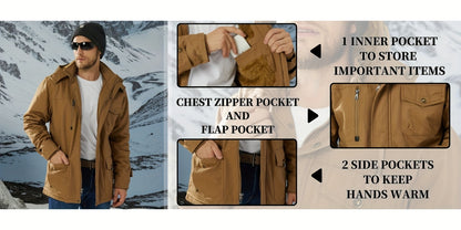 Men's Winter Windproof Full-Zip Jacket with & Detachable Hood - Heavy-Duty Multi-Pocket Parka Coat Suitable for Outdoor,, - Machine Washable Warm Jacket