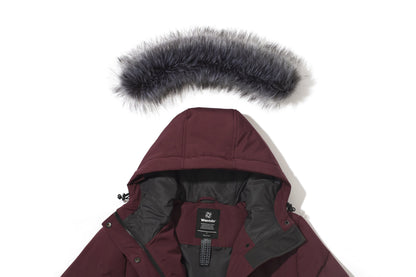 Multiple Pocket Solid Thicken Midi Padded Coat wantdo Women's Winter Puffer Parka Fashion Casual Classic Outdoor Hiking Travel Quilted Jacket Polyester Shell Faux Fur Detachable Hooded Overcoat Long Sleeve Two-way Zipper Yout