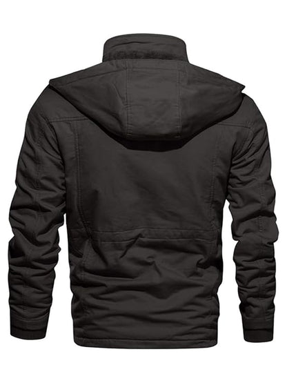 Men's Winter Windproof Full-Zip Jacket with & Detachable Hood - Heavy-Duty Multi-Pocket Parka Coat Suitable for Outdoor,, - Machine Washable Warm Jacket