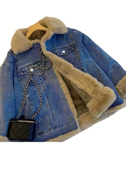 2025 Autumn And Winter Women'S Jacket Retro Plush Denim Jacket Casual Loose Thickened Casual Parka