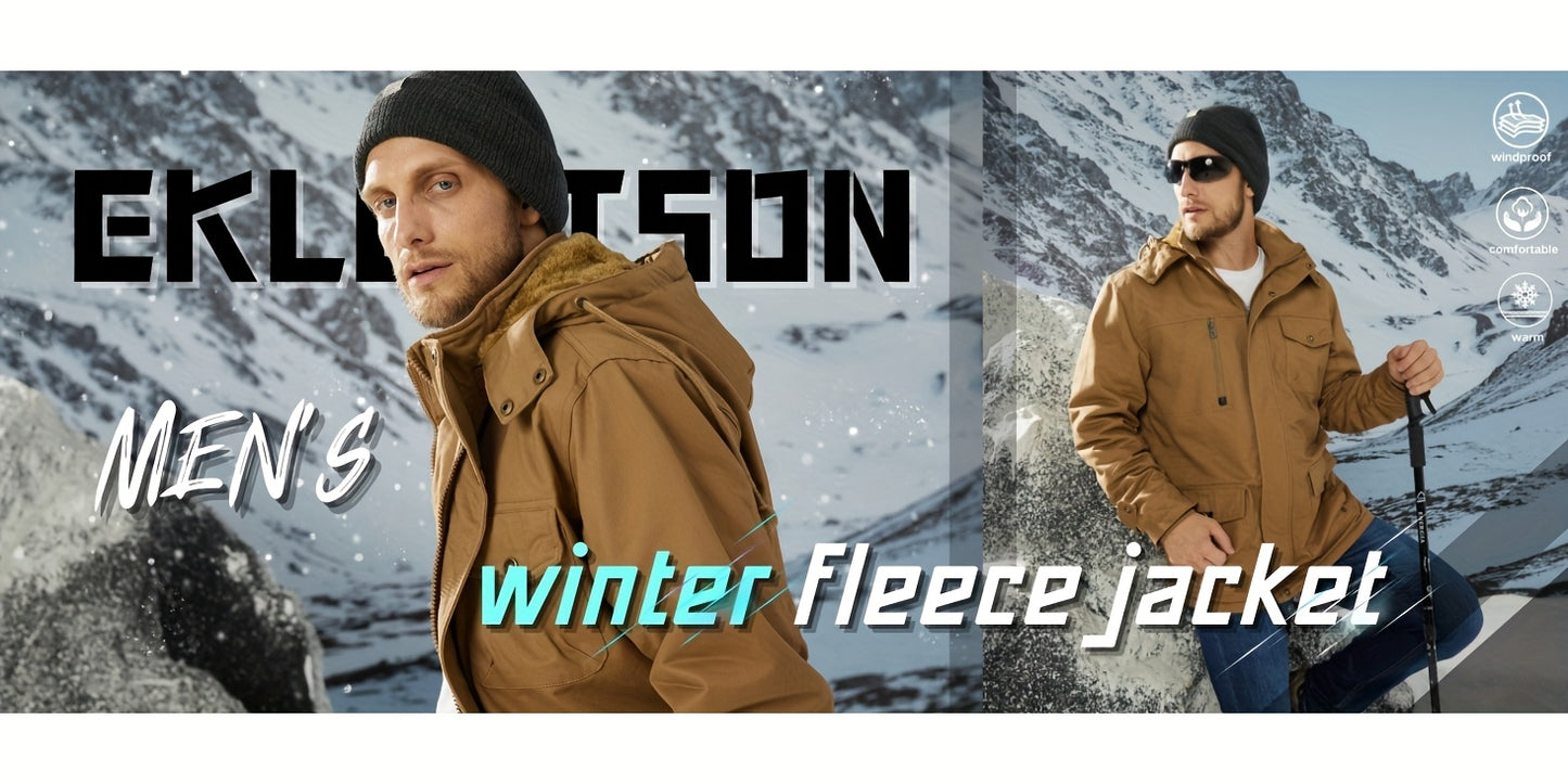 Men's Winter Windproof Full-Zip Jacket with & Detachable Hood - Heavy-Duty Multi-Pocket Parka Coat Suitable for Outdoor,, - Machine Washable Warm Jacket