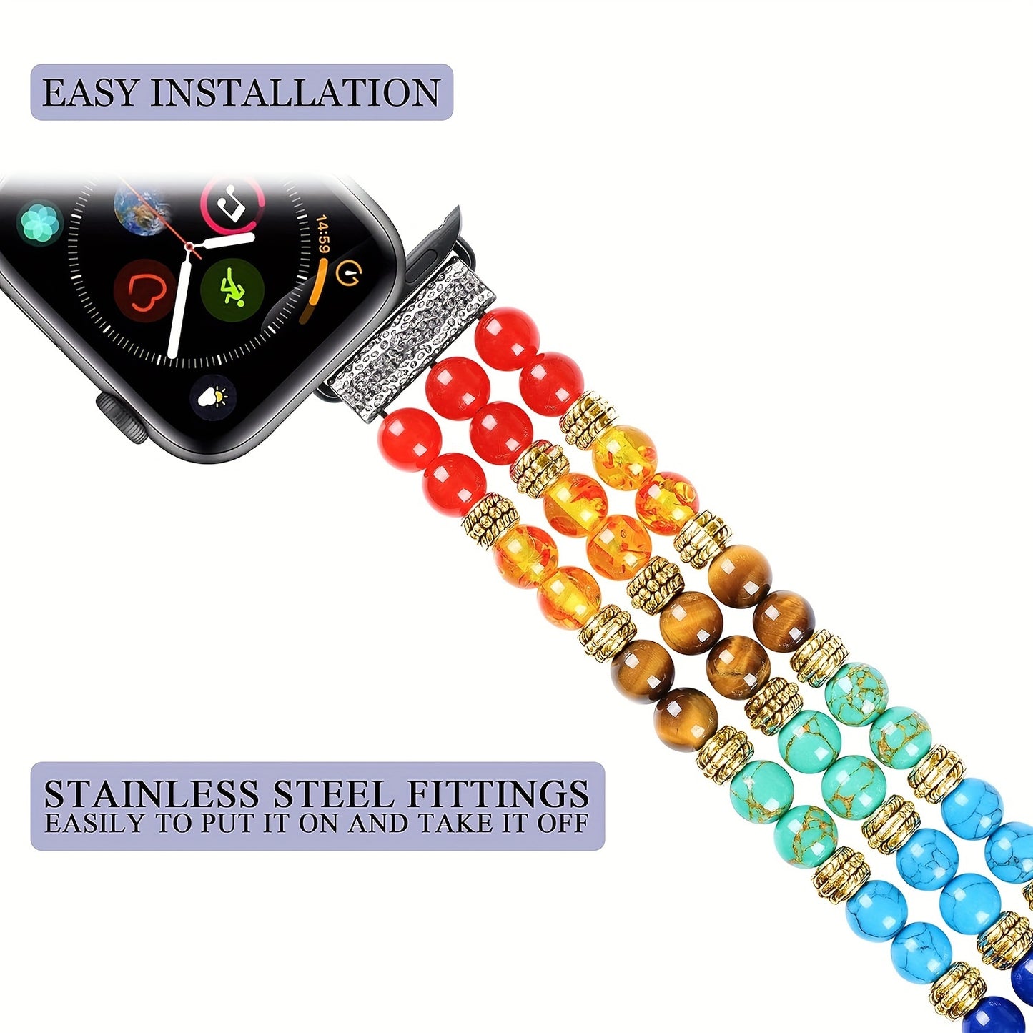 7 Natural Stone Chakras Apple Watch Bands for Women, 7 Chakra Healing Beaded Band with Stainless Steel Adapter, Compatible with iWatch Series SE 6 5 4 3 2 1 (38mm, 40mm, 42mm, 44mm)