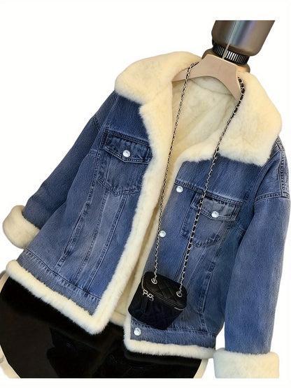 2025 Autumn And Winter Women'S Jacket Retro Plush Denim Jacket Casual Loose Thickened Casual Parka