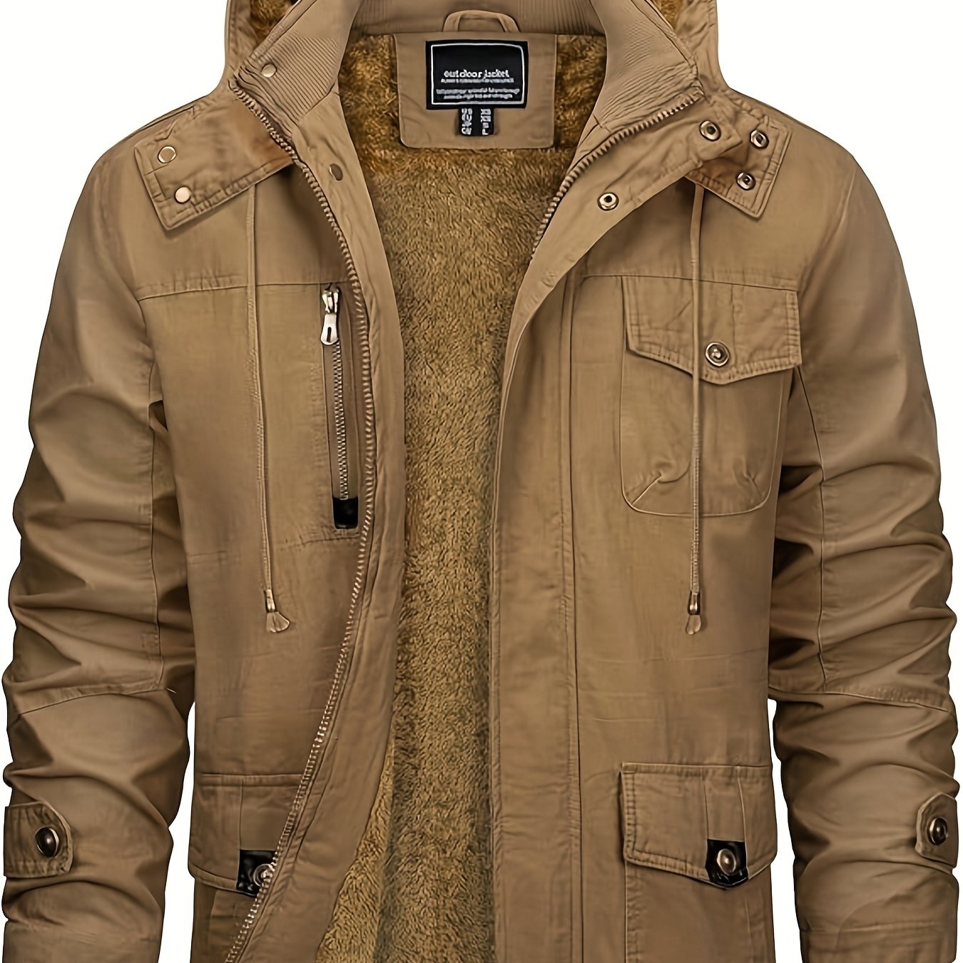 Men's Winter Windproof Full-Zip Jacket with & Detachable Hood - Heavy-Duty Multi-Pocket Parka Coat Suitable for Outdoor,, - Machine Washable Warm Jacket