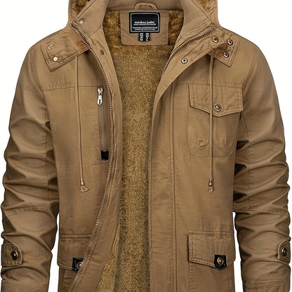 Men's Winter Windproof Full-Zip Jacket with & Detachable Hood - Heavy-Duty Multi-Pocket Parka Coat Suitable for Outdoor,, - Machine Washable Warm Jacket