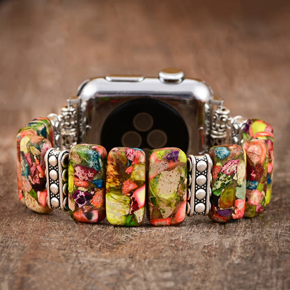 Colorful Natural Stone Bracelet Beaded-Bands Compatibe With Apple Watch Series 9 8 7 6 5 4 3 2 1, Feminine Cute Handmade Elastic Stretch Beaded Strap For IWatch Bands 38mm 40mm 41mm 42mm 44mm 45mm 49mm For Apple Watch Bands F