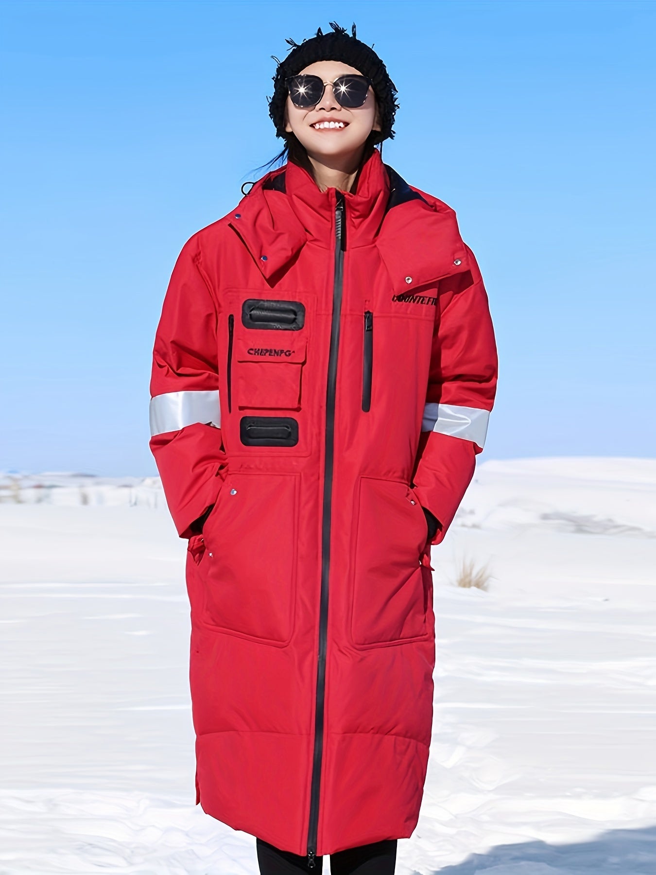 Unisex Casual Oxford Fabric Hooded Down Coat with Pockets, Long Over-the-Knee Style, Solid Color with Non-Stretch Fabric, Polyester Lining, Regular Fit Duck Down Insulation - Fashionable Longline Winter Parka