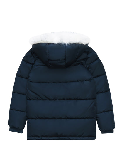 Thick Padded Girls Teens Furry Hooded Windproof Parka Coat with Pockets, Zipper Long Sleeve Winter Jacket
