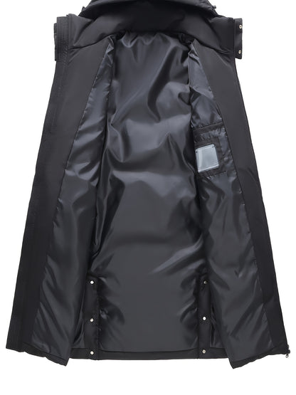 Unisex Casual Oxford Fabric Hooded Down Coat with Pockets, Long Over-the-Knee Style, Solid Color with Non-Stretch Fabric, Polyester Lining, Regular Fit Duck Down Insulation - Fashionable Longline Winter Parka