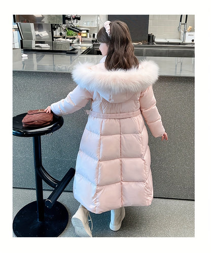 Elegant Long-Length Hooded Parka for Girls, Winter Slim Fit Puffer Coat with Belt, 100% Polyester Composition, Non-Stretch Solid Color with Flared Hem, Regular Sleeve - Kid's Outerwear