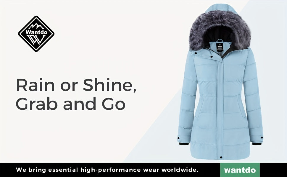 Multiple Pocket Solid Thicken Midi Padded Coat wantdo Women's Winter Puffer Parka Fashion Casual Classic Outdoor Hiking Travel Quilted Jacket Polyester Shell Faux Fur Detachable Hooded Overcoat Long Sleeve Two-way Zipper Yout