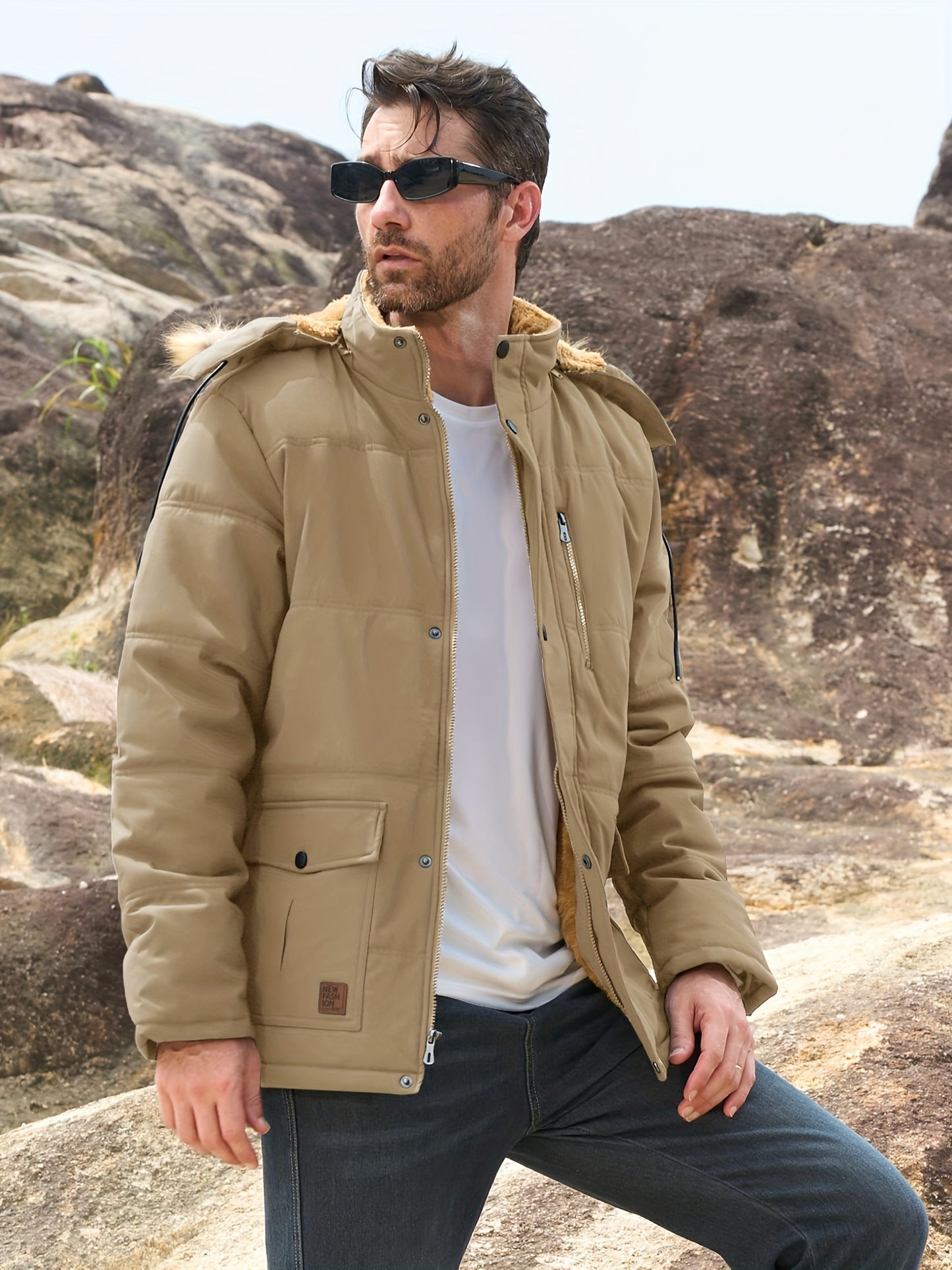 [S-2XL/4COLORS] Men'S Fleece Lined Parka Jacket Hooded Jacket Ribbed-knit Cuffs Warm Winter Coat Premium Level Shell Thicken Fur Jackets Windproof Coats Drawstring Convenient For Daily Life Or Outdoor Activities