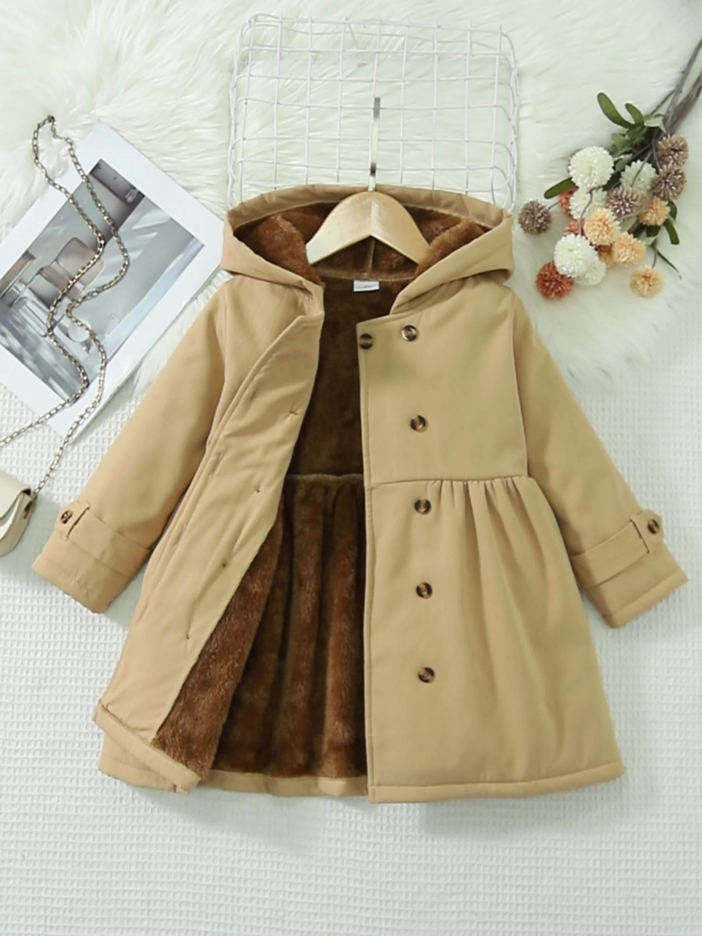 Xuanyusi Girls' Casual Fashion Solid Color Double-Breasted Long Sleeve Hooded Jacket, Polar Fleece for Autumn and Winter, Autumn Jacket, Winter Coat, Classic Style, Hooded Design, Soft Material, Durable Construction, Fleeceli