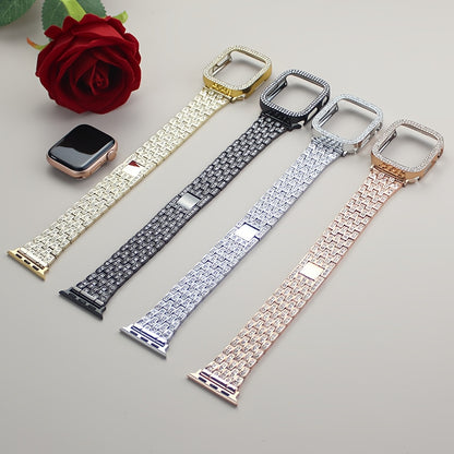2-in-1 Strap + Hollow Shell Compatible with Apple Watch Straps 38mm 40mm 41mm 42mm 44mm 45mm 46mm+ Case, Women'S Jewelry Sparkling Rhinestone Replacement Metal Strap and 2pcs PC Protective Cover, Untempered Glass Film, Suitab