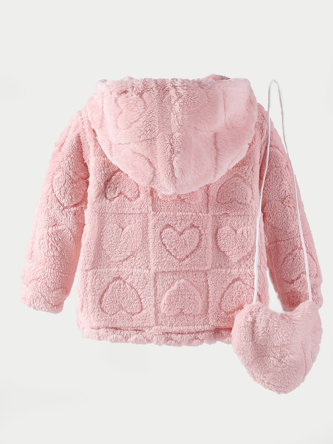 Girls' Pink Plush Hooded Jacket with Heart Appliqué & Plush - Winter Coat, Full-Zip Closure, Machine Washable H-Line Parka for & (No-Fill Warm Outerwear)