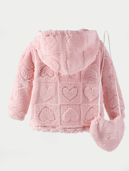 Girls' Pink Plush Hooded Jacket with Heart Appliqué & Plush - Winter Coat, Full-Zip Closure, Machine Washable H-Line Parka for & (No-Fill Warm Outerwear)