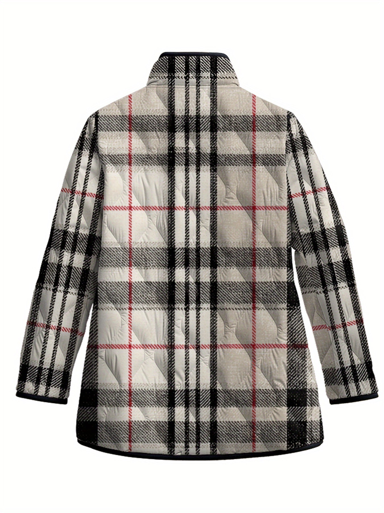 Plus Size - Women'S Plus Size Winter 2025 Thickened Padded Coat - Oversized Loose Fit Plaid & Stripe Digital Print Jacket, All-Season Warm Parka with Front Button Closure, Red/ Casual Outerwear for Cold Weather & Everyday Use