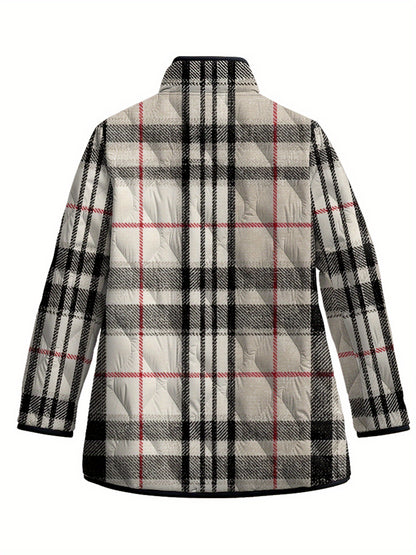 Plus Size - Women'S Plus Size Winter 2025 Thickened Padded Coat - Oversized Loose Fit Plaid & Stripe Digital Print Jacket, All-Season Warm Parka with Front Button Closure, Red/ Casual Outerwear for Cold Weather & Everyday Use