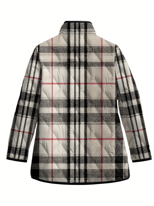 Plus Size - Women'S Plus Size Winter 2025 Thickened Padded Coat - Oversized Loose Fit Plaid & Stripe Digital Print Jacket, All-Season Warm Parka with Front Button Closure, Red/ Casual Outerwear for Cold Weather & Everyday Use