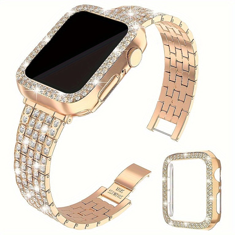 2-in-1 Strap + Hollow Shell Compatible with Apple Watch Straps 38mm 40mm 41mm 42mm 44mm 45mm 46mm+ Case, Women'S Jewelry Sparkling Rhinestone Replacement Metal Strap and 2pcs PC Protective Cover, Untempered Glass Film, Suitab