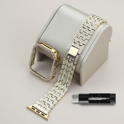 2-in-1 Strap + Hollow Shell Compatible with Apple Watch Straps 38mm 40mm 41mm 42mm 44mm 45mm 46mm+ Case, Women'S Jewelry Sparkling Rhinestone Replacement Metal Strap and 2pcs PC Protective Cover, Untempered Glass Film, Suitab