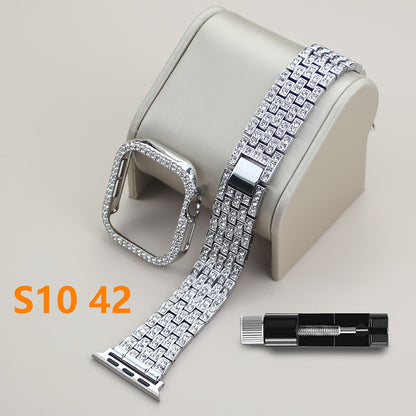 2-in-1 Strap + Hollow Shell Compatible with Apple Watch Straps 38mm 40mm 41mm 42mm 44mm 45mm 46mm+ Case, Women'S Jewelry Sparkling Rhinestone Replacement Metal Strap and 2pcs PC Protective Cover, Untempered Glass Film, Suitab