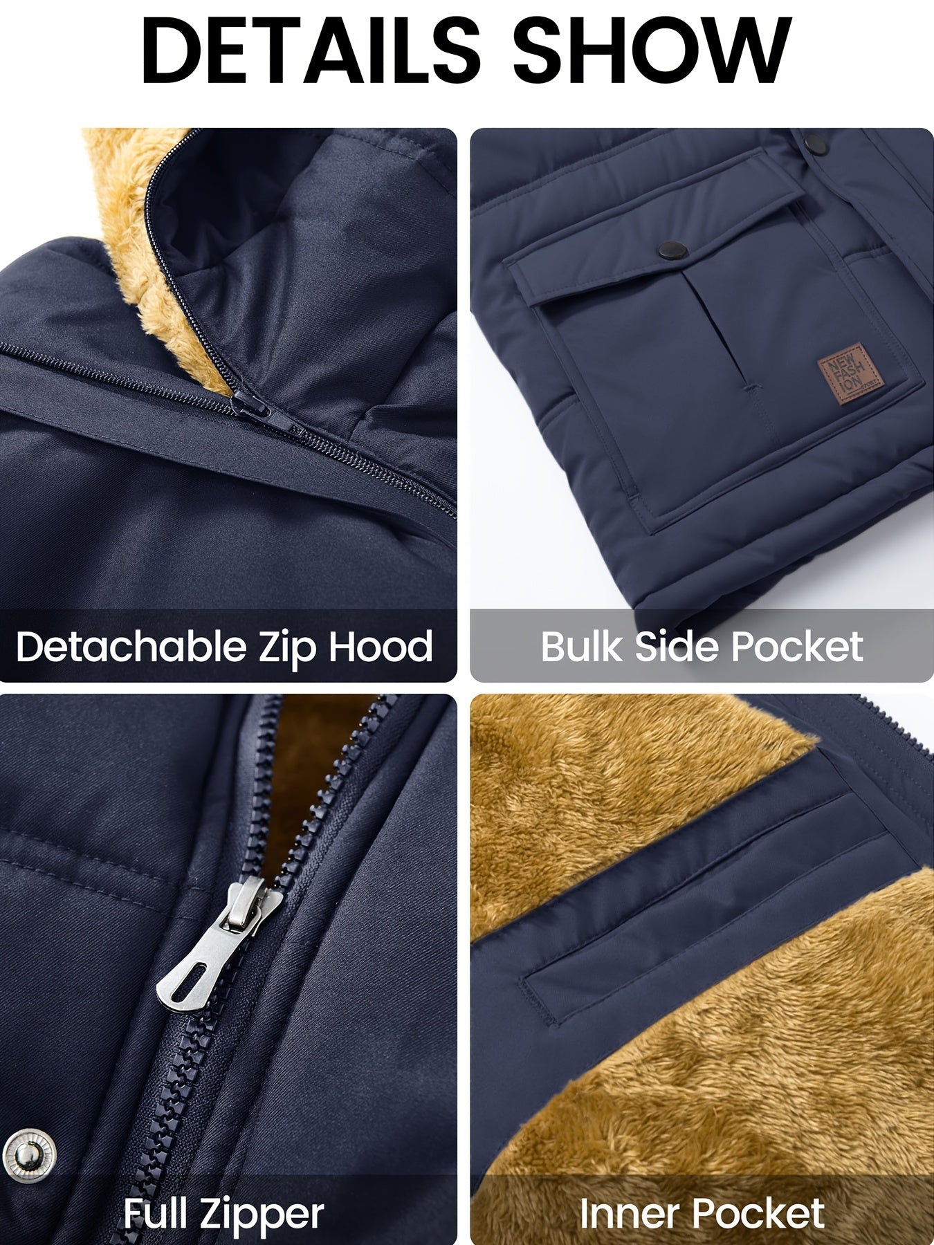[S-2XL/4COLORS] Men'S Fleece Lined Parka Jacket Hooded Jacket Ribbed-knit Cuffs Warm Winter Coat Premium Level Shell Thicken Fur Jackets Windproof Coats Drawstring Convenient For Daily Life Or Outdoor Activities