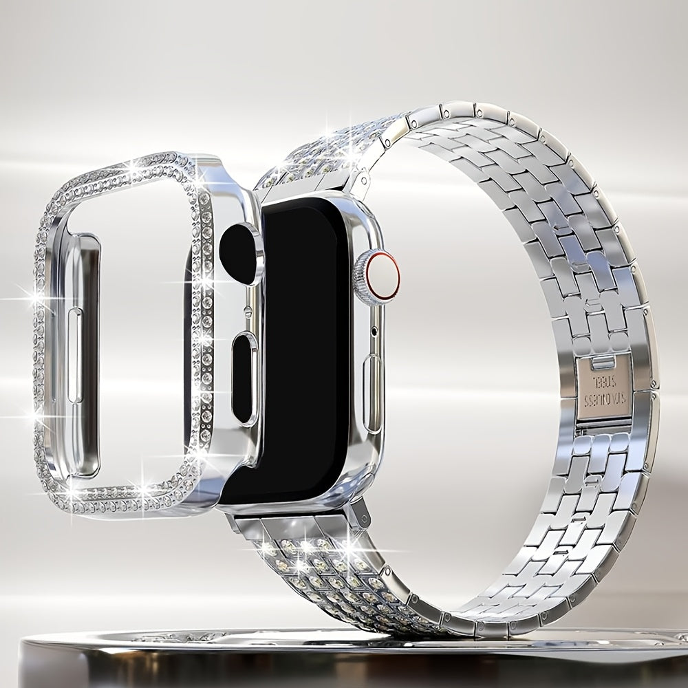 2-in-1 Strap + Hollow Shell Compatible with Apple Watch Straps 38mm 40mm 41mm 42mm 44mm 45mm 46mm+ Case, Women'S Jewelry Sparkling Rhinestone Replacement Metal Strap and 2pcs PC Protective Cover, Untempered Glass Film, Suitab