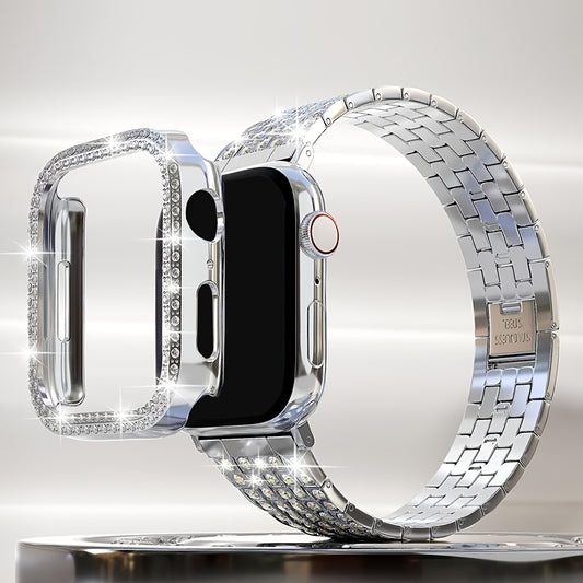2-in-1 Strap + Hollow Shell Compatible with Apple Watch Straps 38mm 40mm 41mm 42mm 44mm 45mm 46mm+ Case, Women'S Jewelry Sparkling Rhinestone Replacement Metal Strap and 2pcs PC Protective Cover, Untempered Glass Film, Suitab