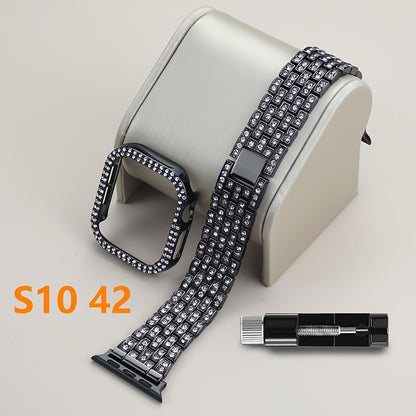 2-in-1 Strap + Hollow Shell Compatible with Apple Watch Straps 38mm 40mm 41mm 42mm 44mm 45mm 46mm+ Case, Women'S Jewelry Sparkling Rhinestone Replacement Metal Strap and 2pcs PC Protective Cover, Untempered Glass Film, Suitab