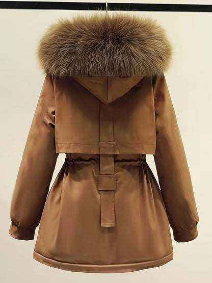 Plus-Size Parka Coat with a Furry Collar, Cinched Waist, And Thick Insulation for Warmth.