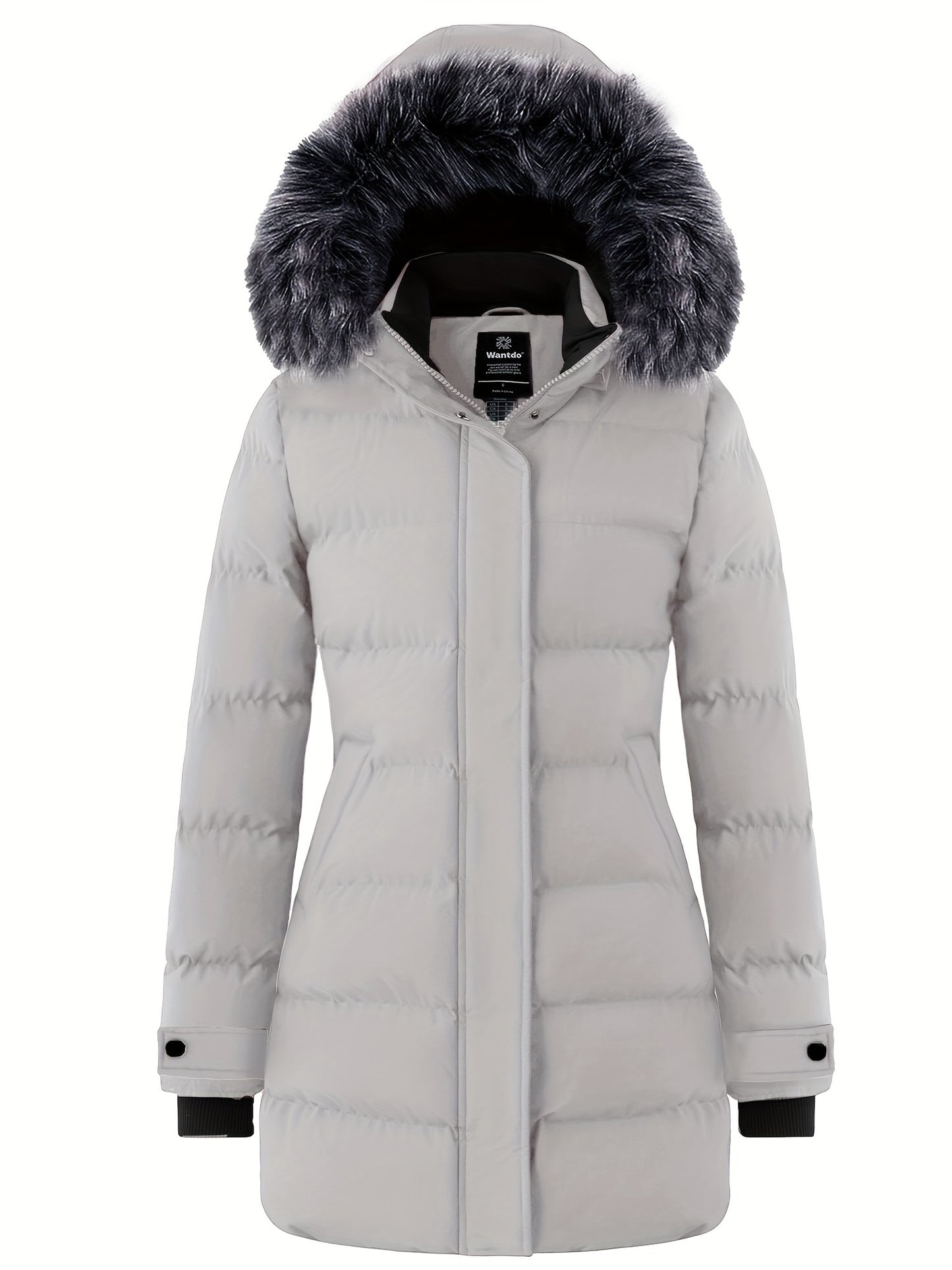 Multiple Pocket Solid Thicken Midi Padded Coat wantdo Women's Winter Puffer Parka Fashion Casual Classic Outdoor Hiking Travel Quilted Jacket Polyester Shell Faux Fur Detachable Hooded Overcoat Long Sleeve Two-way Zipper Yout