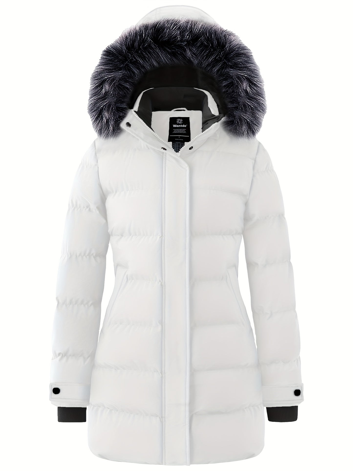 Multiple Pocket Solid Thicken Midi Padded Coat wantdo Women's Winter Puffer Parka Fashion Casual Classic Outdoor Hiking Travel Quilted Jacket Polyester Shell Faux Fur Detachable Hooded Overcoat Long Sleeve Two-way Zipper Yout