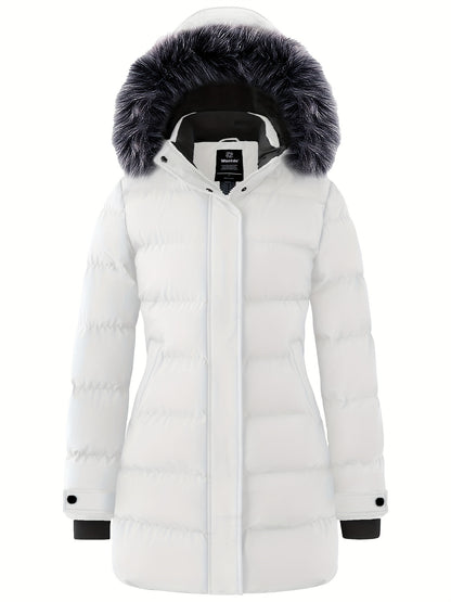 Multiple Pocket Solid Thicken Midi Padded Coat wantdo Women's Winter Puffer Parka Fashion Casual Classic Outdoor Hiking Travel Quilted Jacket Polyester Shell Faux Fur Detachable Hooded Overcoat Long Sleeve Two-way Zipper Yout