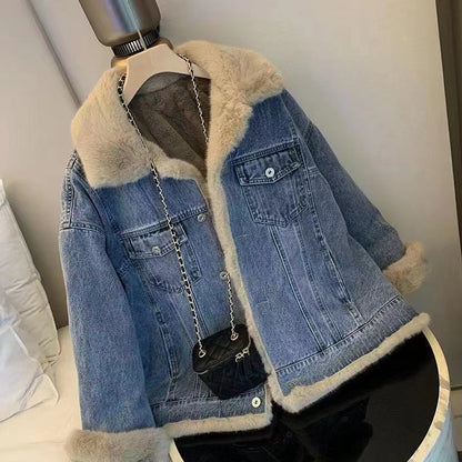 2025 Autumn And Winter Women'S Jacket Retro Plush Denim Jacket Casual Loose Thickened Casual Parka